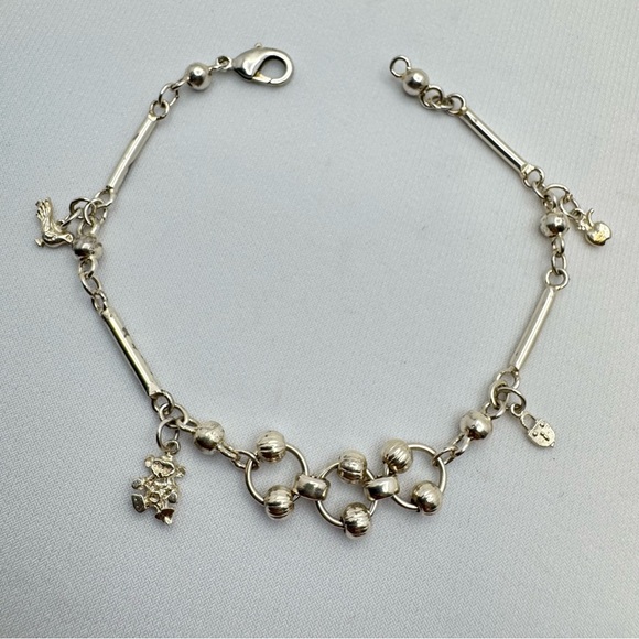Sterling Silver 7” Charm Bracelet Bar Link Beaded Lobster Clasp Style 925